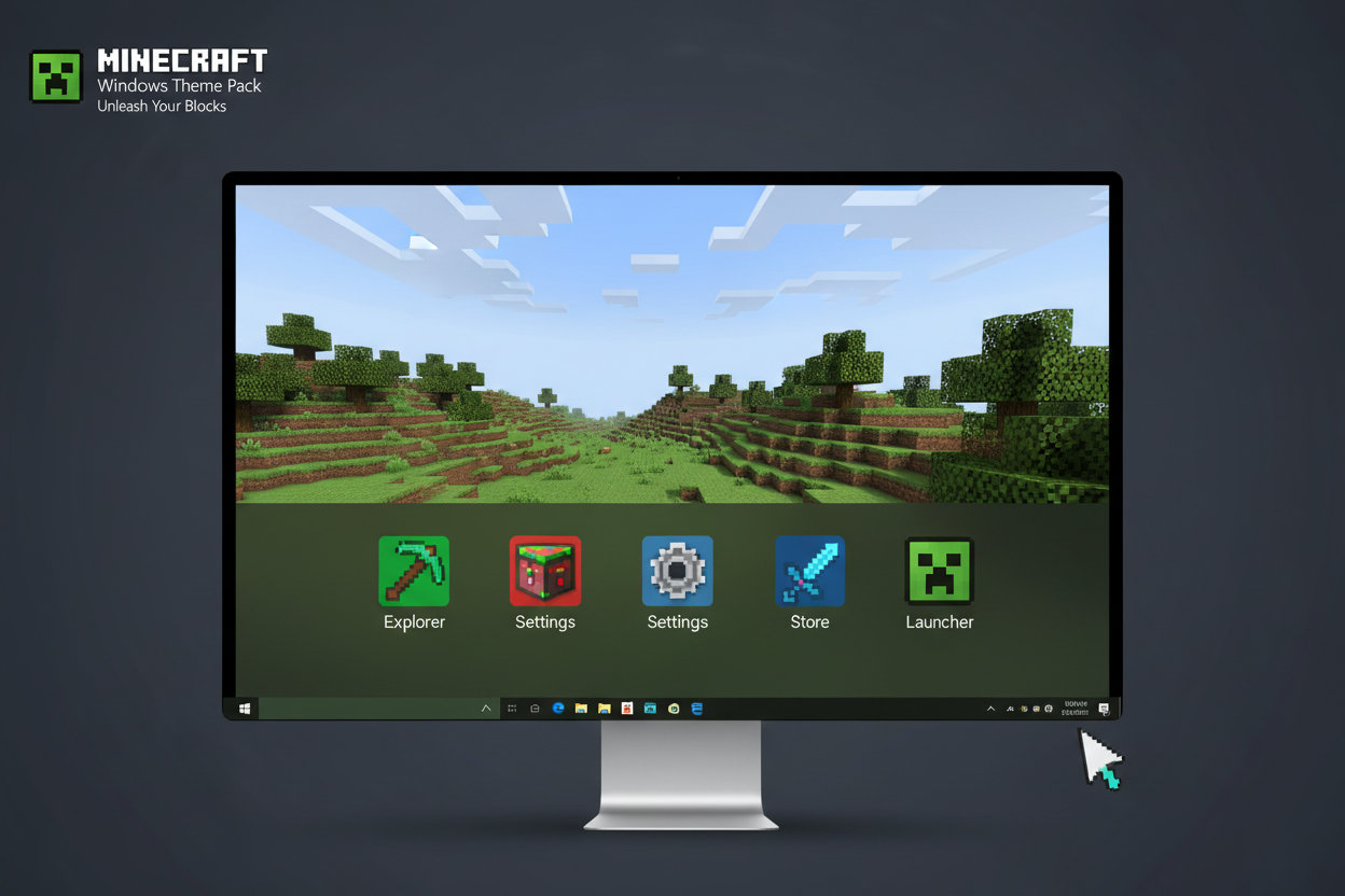 Minecraft-style Windows desktop with custom icons, animated wallpaper and cursor pack